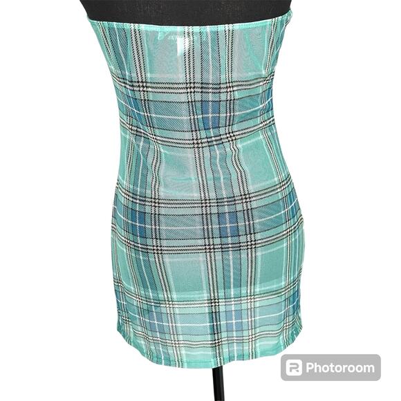 Urban Outfitters Mini Dress Womens Size M Green Plaid Sheer Strapless - Picture 2 of 6